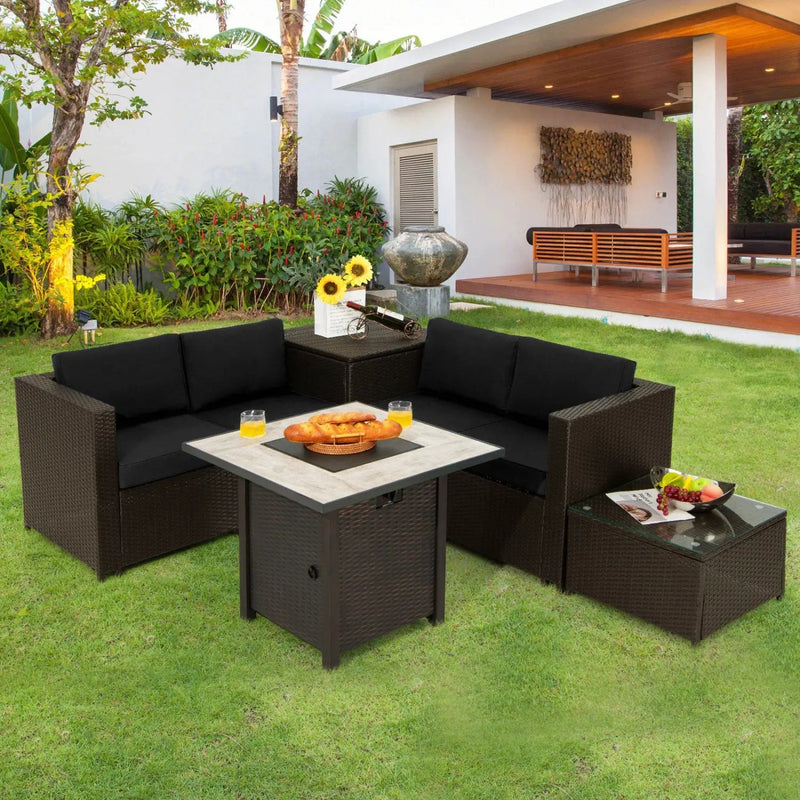 5-Piece Patio Furniture Set with 30 Inches Gas Fire Pit Table Outdoor PE Wicker Sofa Set by DirectDeals