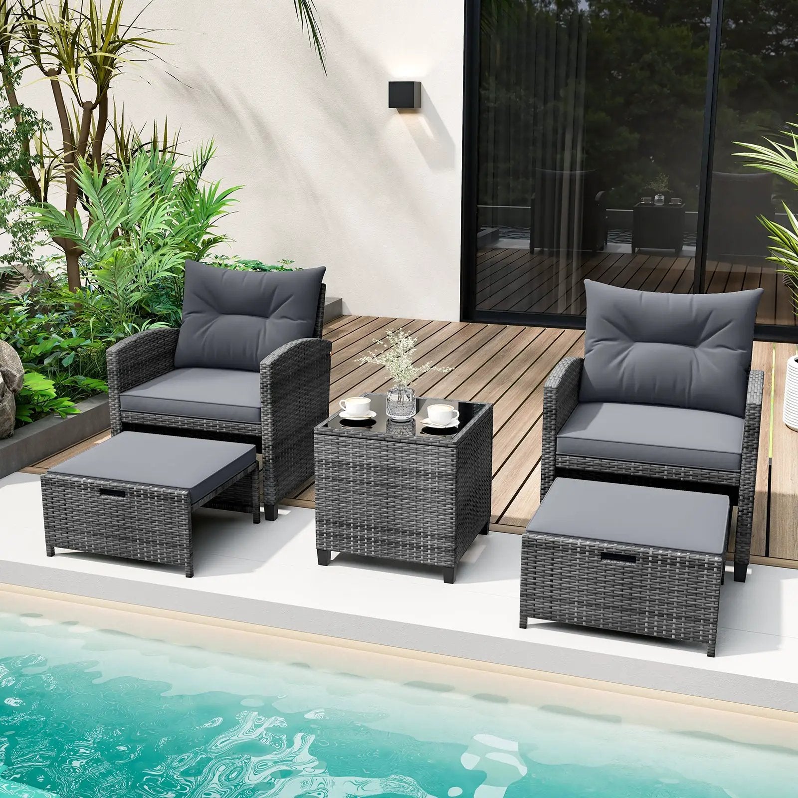 5 Piece Patio Rattan Furniture with 2 Ottomans and Tempered Glass Coffee Table by DirectDeals