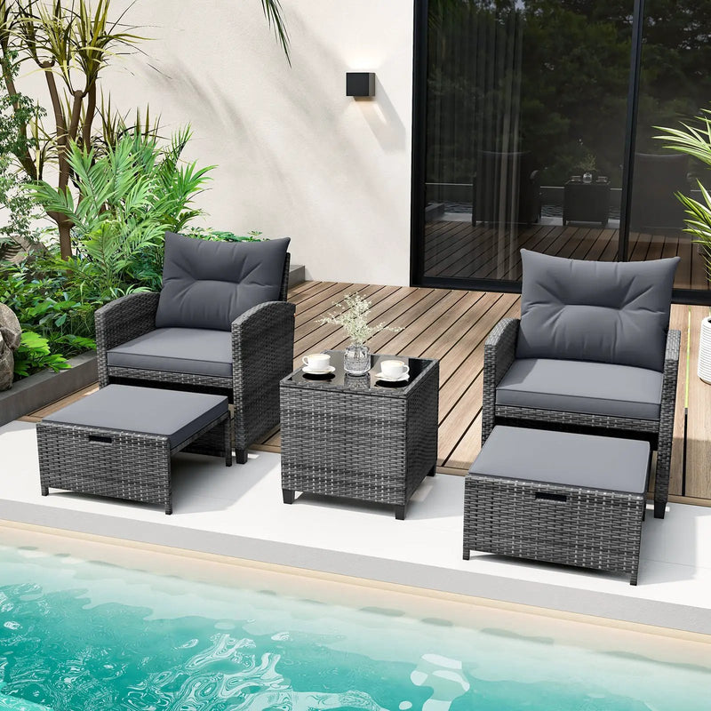 5 Piece Patio Rattan Furniture with 2 Ottomans and Tempered Glass Coffee Table by DirectDeals