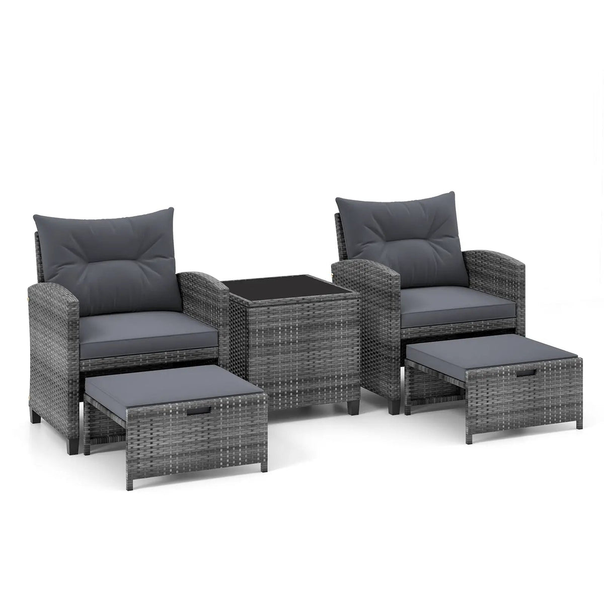 5 Piece Patio Rattan Furniture with 2 Ottomans and Tempered Glass Coffee Table by DirectDeals