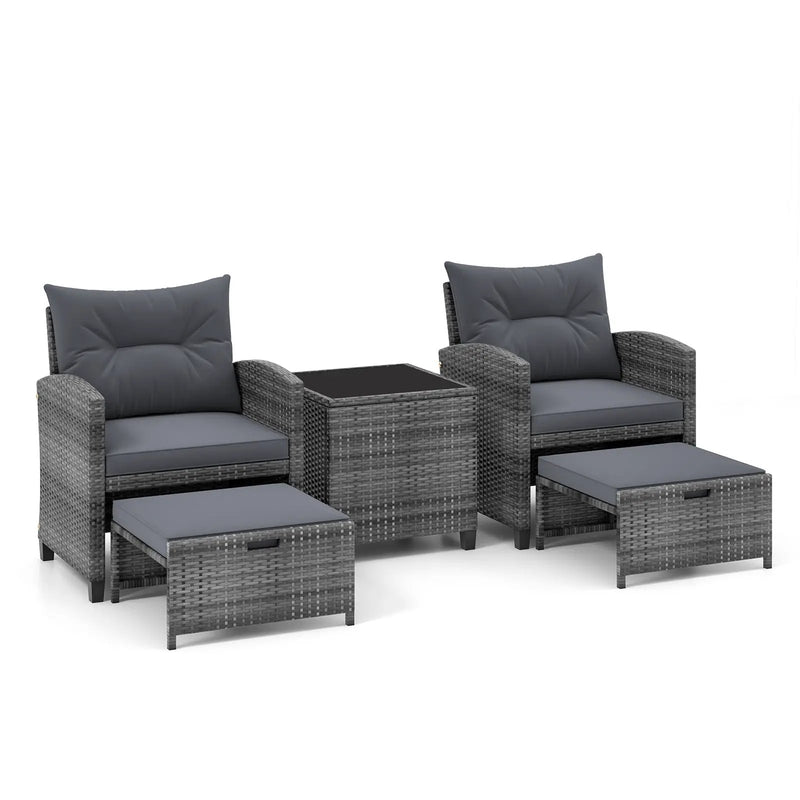 5 Piece Patio Rattan Furniture with 2 Ottomans and Tempered Glass Coffee Table by DirectDeals