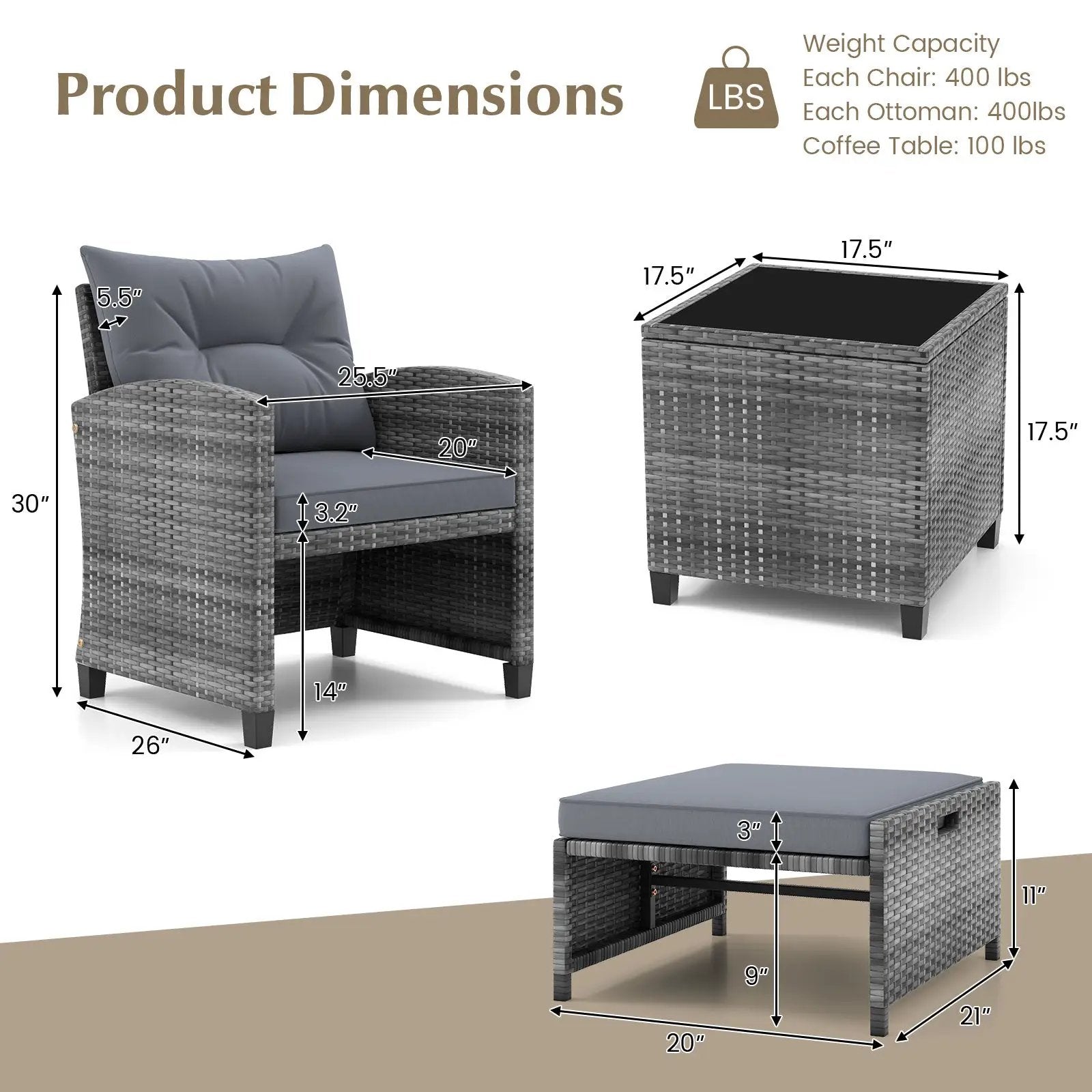 5 Piece Patio Rattan Furniture with 2 Ottomans and Tempered Glass Coffee Table by DirectDeals