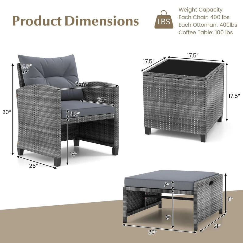 5 Piece Patio Rattan Furniture with 2 Ottomans and Tempered Glass Coffee Table by DirectDeals