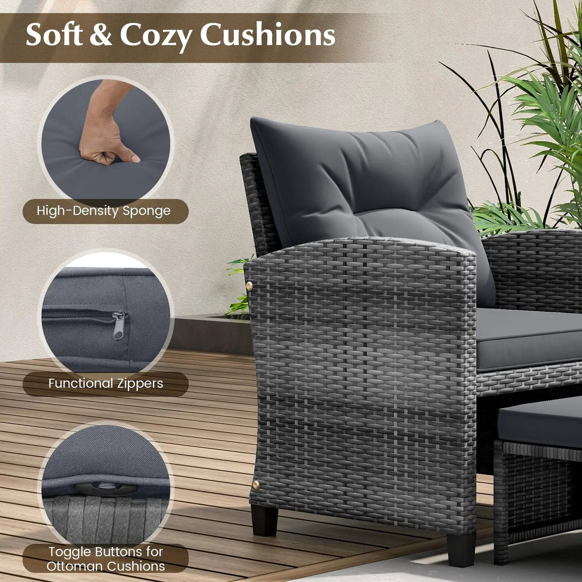 5 Piece Patio Rattan Furniture with 2 Ottomans and Tempered Glass Coffee Table by DirectDeals