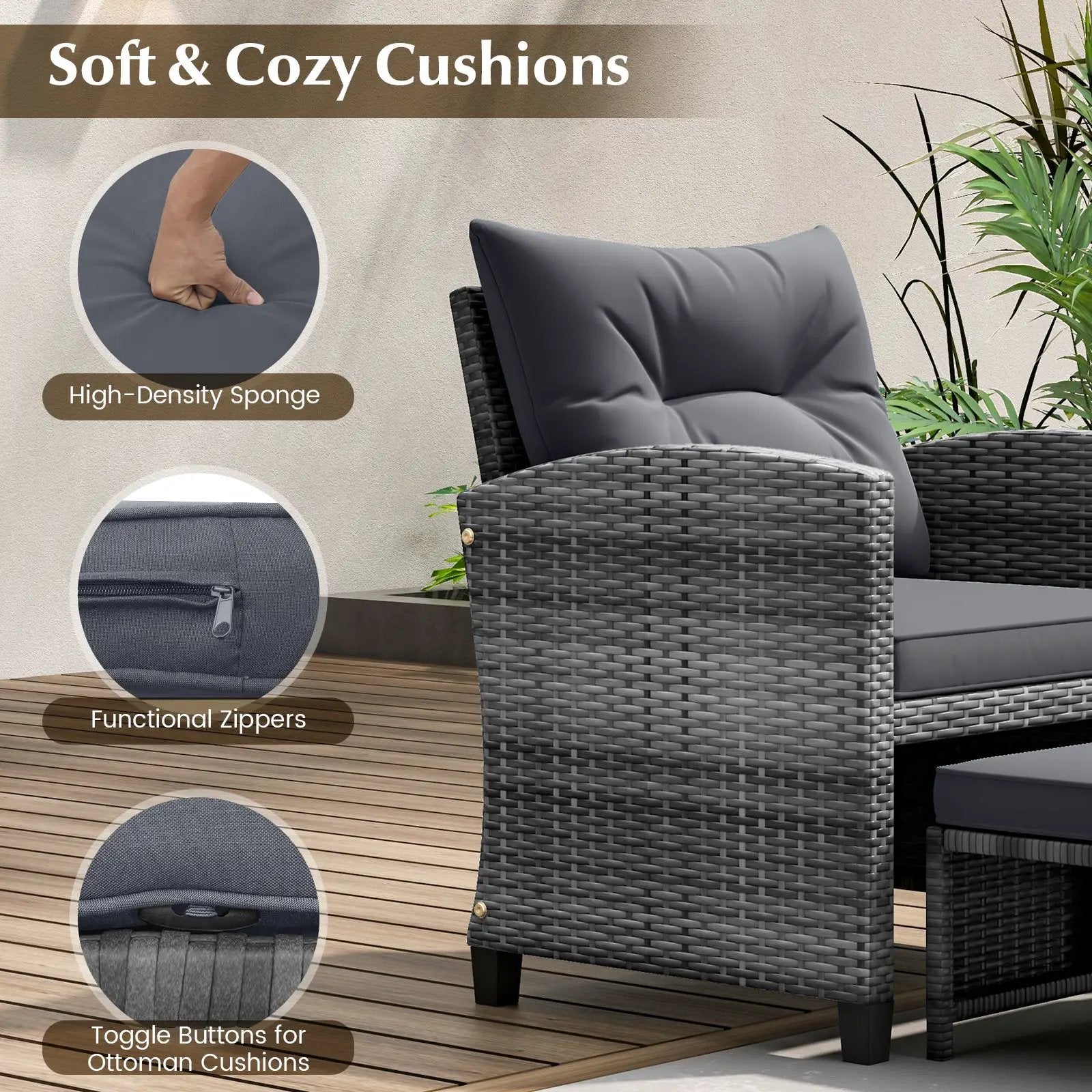 5 Piece Patio Rattan Furniture with 2 Ottomans and Tempered Glass Coffee Table by DirectDeals