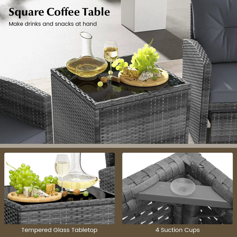 5 Piece Patio Rattan Furniture with 2 Ottomans and Tempered Glass Coffee Table by DirectDeals