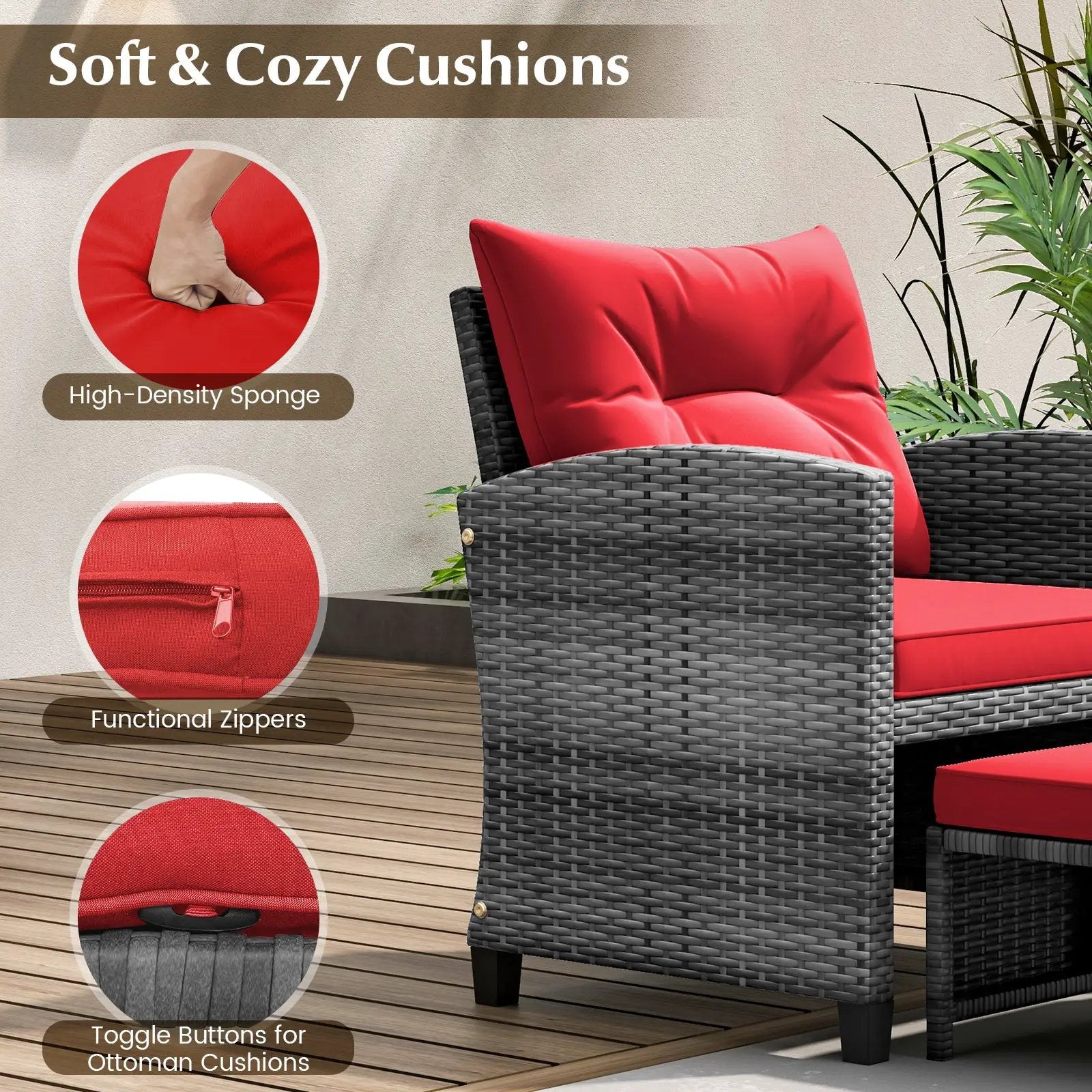 5 Piece Patio Rattan Furniture with 2 Ottomans and Tempered Glass Coffee Table by DirectDeals