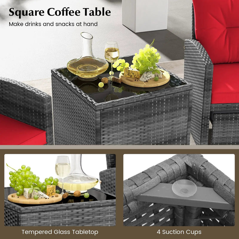 5 Piece Patio Rattan Furniture with 2 Ottomans and Tempered Glass Coffee Table by DirectDeals
