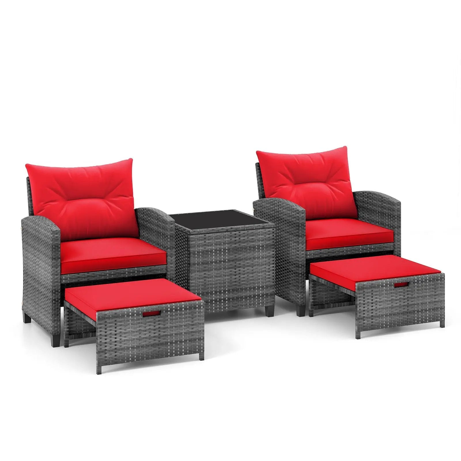 5 Piece Patio Rattan Furniture with 2 Ottomans and Tempered Glass Coffee Table by DirectDeals