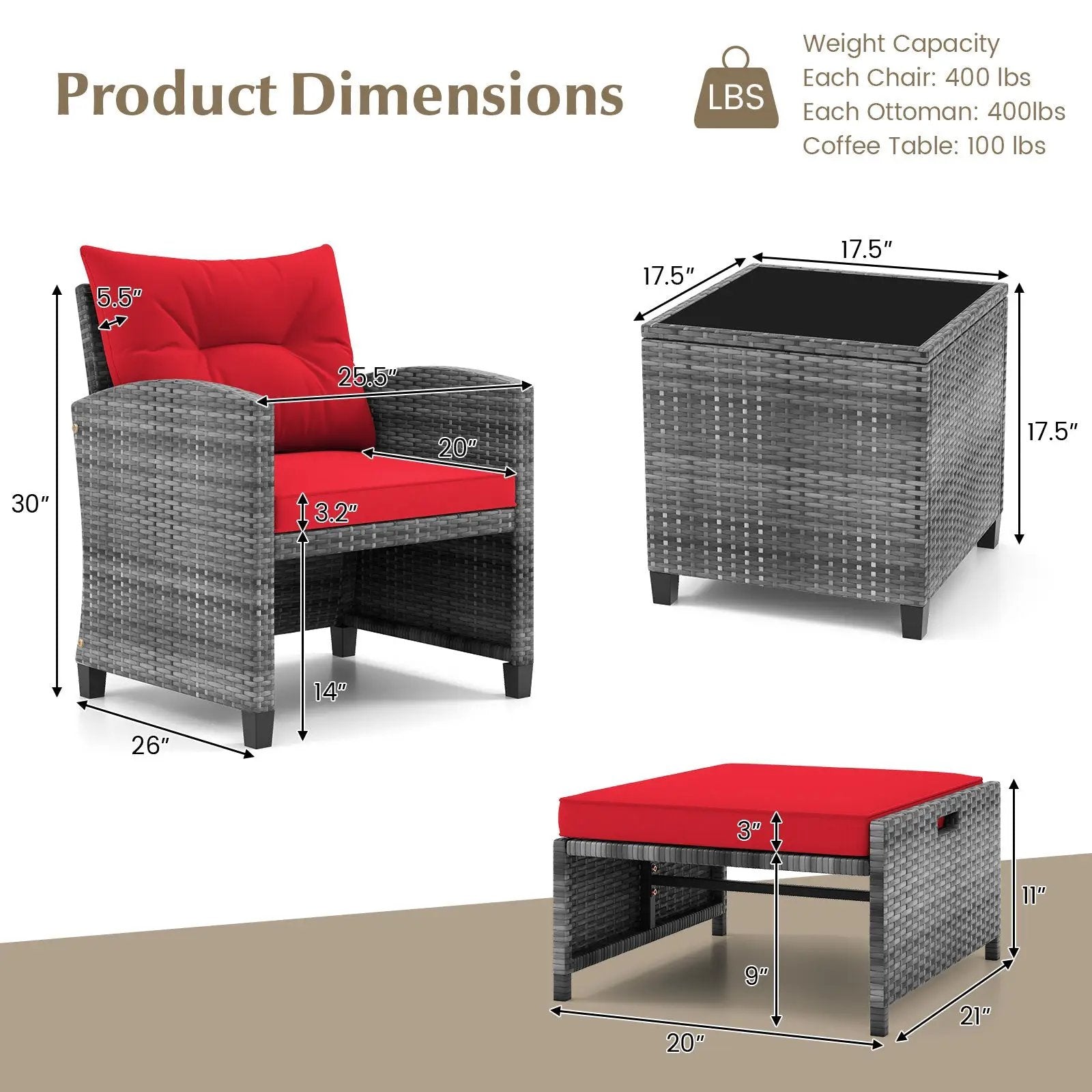 5 Piece Patio Rattan Furniture with 2 Ottomans and Tempered Glass Coffee Table by DirectDeals
