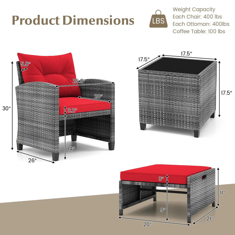 5 Piece Patio Rattan Furniture with 2 Ottomans and Tempered Glass Coffee Table by DirectDeals