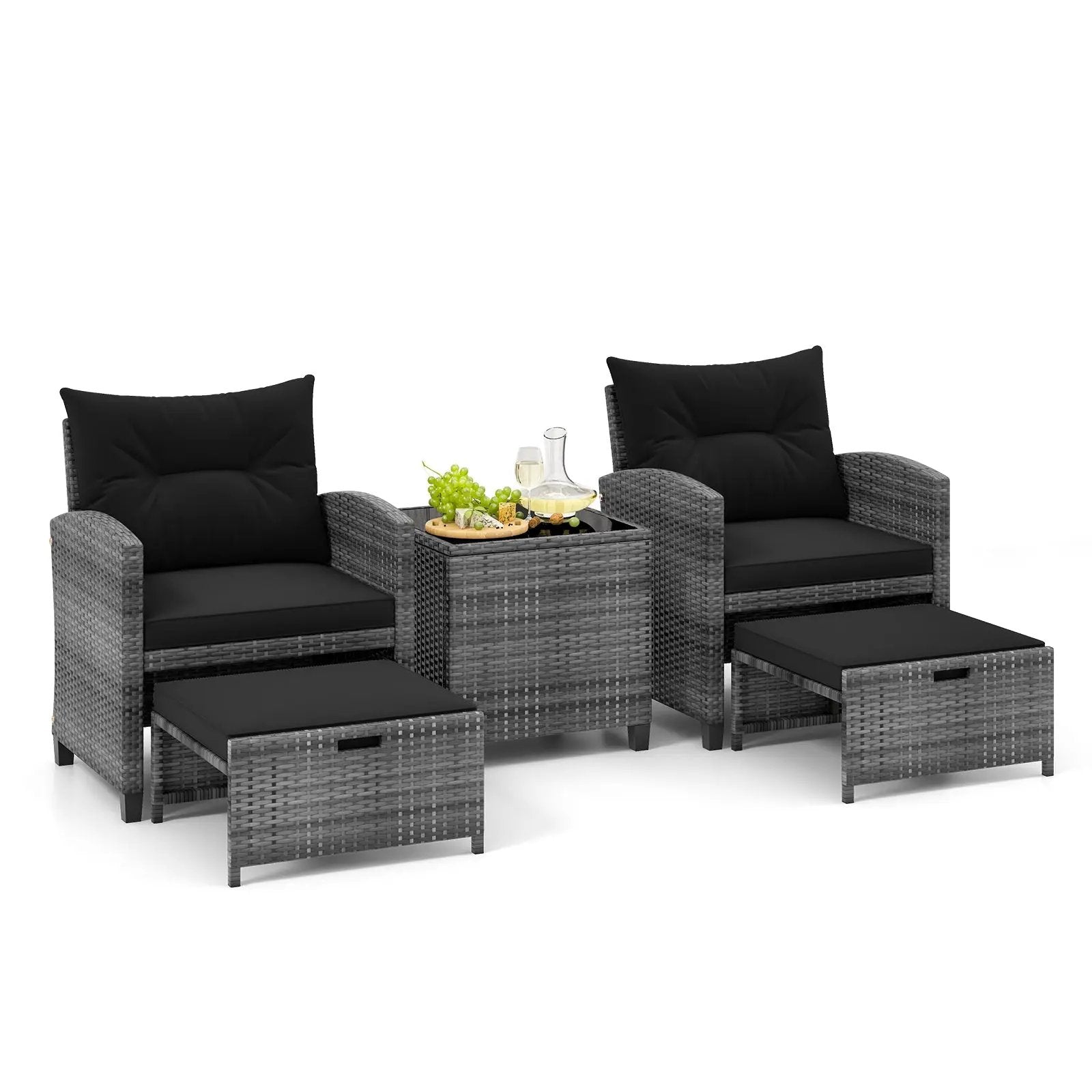 5 Piece Patio Rattan Furniture with 2 Ottomans and Tempered Glass Coffee Table by DirectDeals