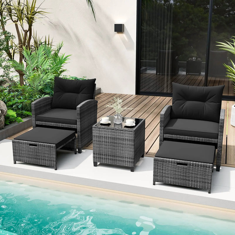 5 Piece Patio Rattan Furniture with 2 Ottomans and Tempered Glass Coffee Table by DirectDeals