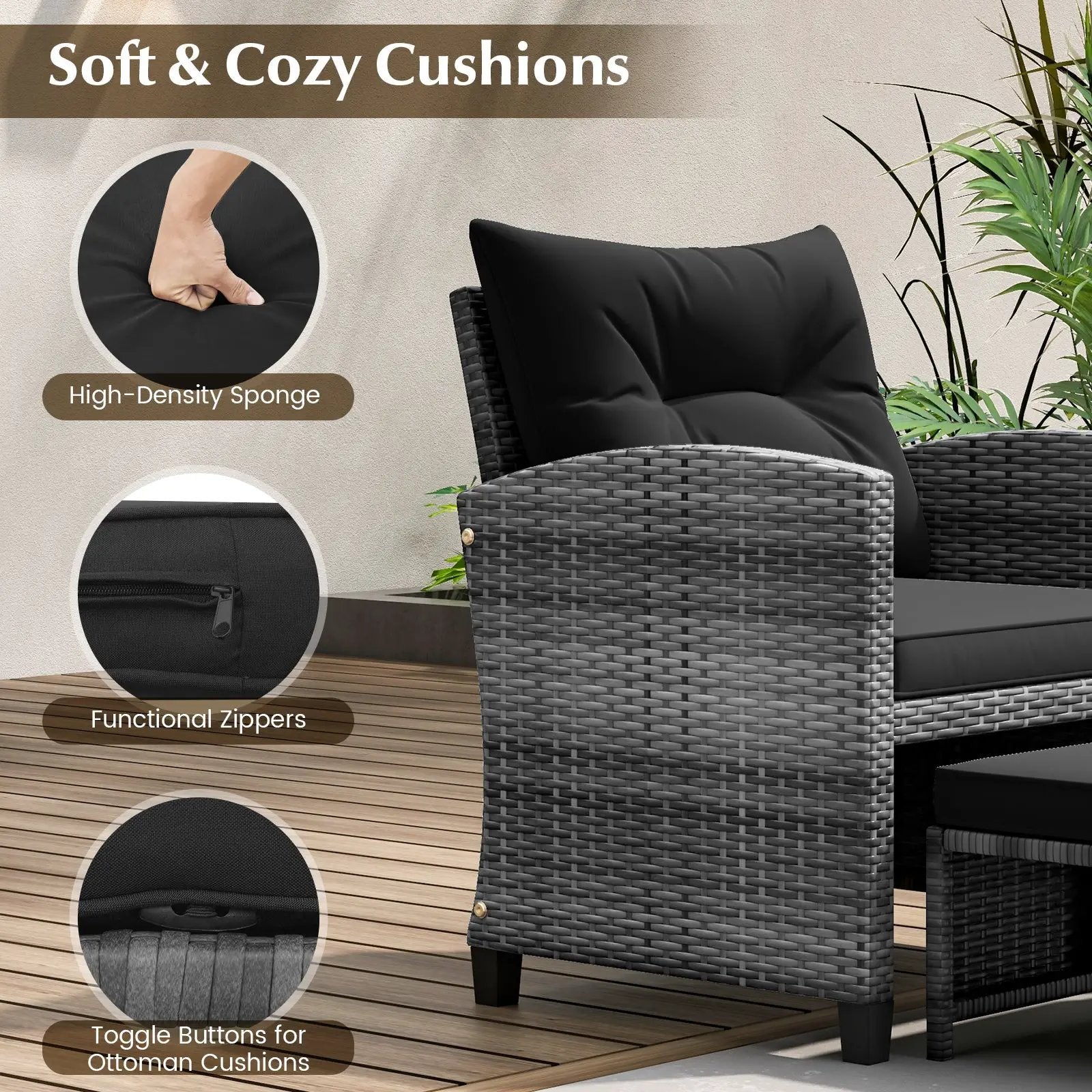 5 Piece Patio Rattan Furniture with 2 Ottomans and Tempered Glass Coffee Table by DirectDeals