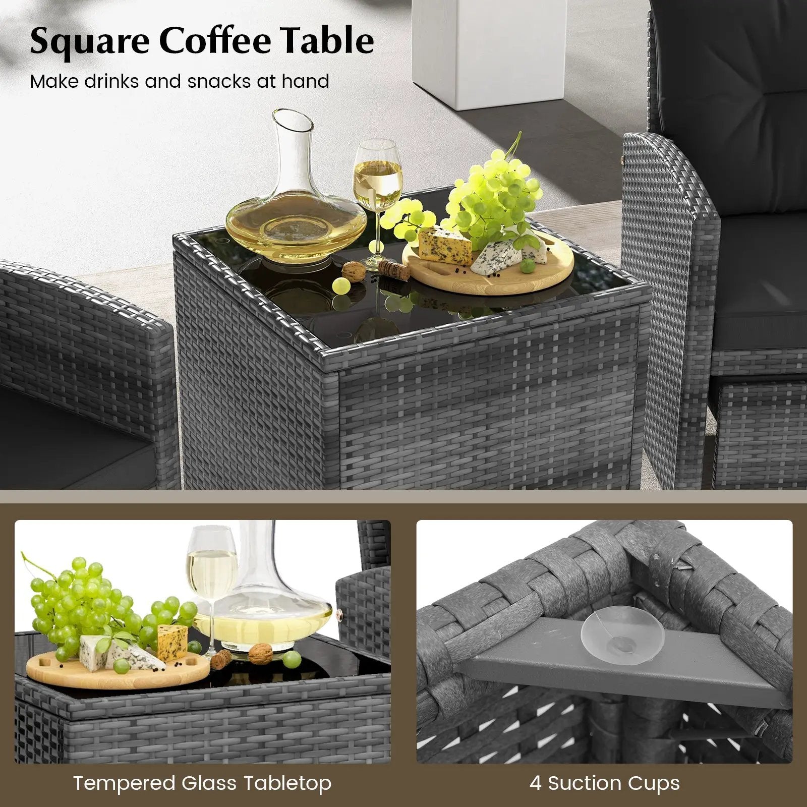 5 Piece Patio Rattan Furniture with 2 Ottomans and Tempered Glass Coffee Table by DirectDeals