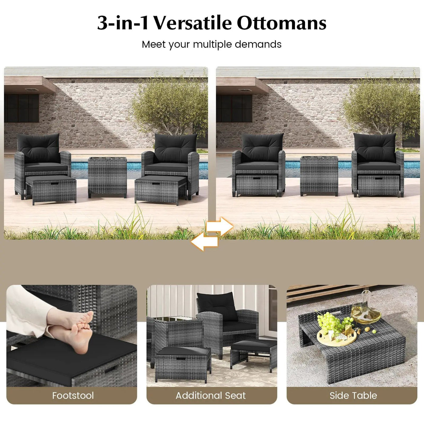 5 Piece Patio Rattan Furniture with 2 Ottomans and Tempered Glass Coffee Table by DirectDeals