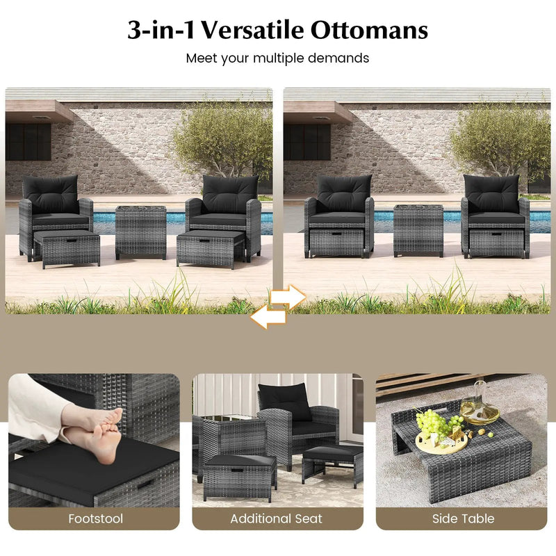 5 Piece Patio Rattan Furniture with 2 Ottomans and Tempered Glass Coffee Table by DirectDeals
