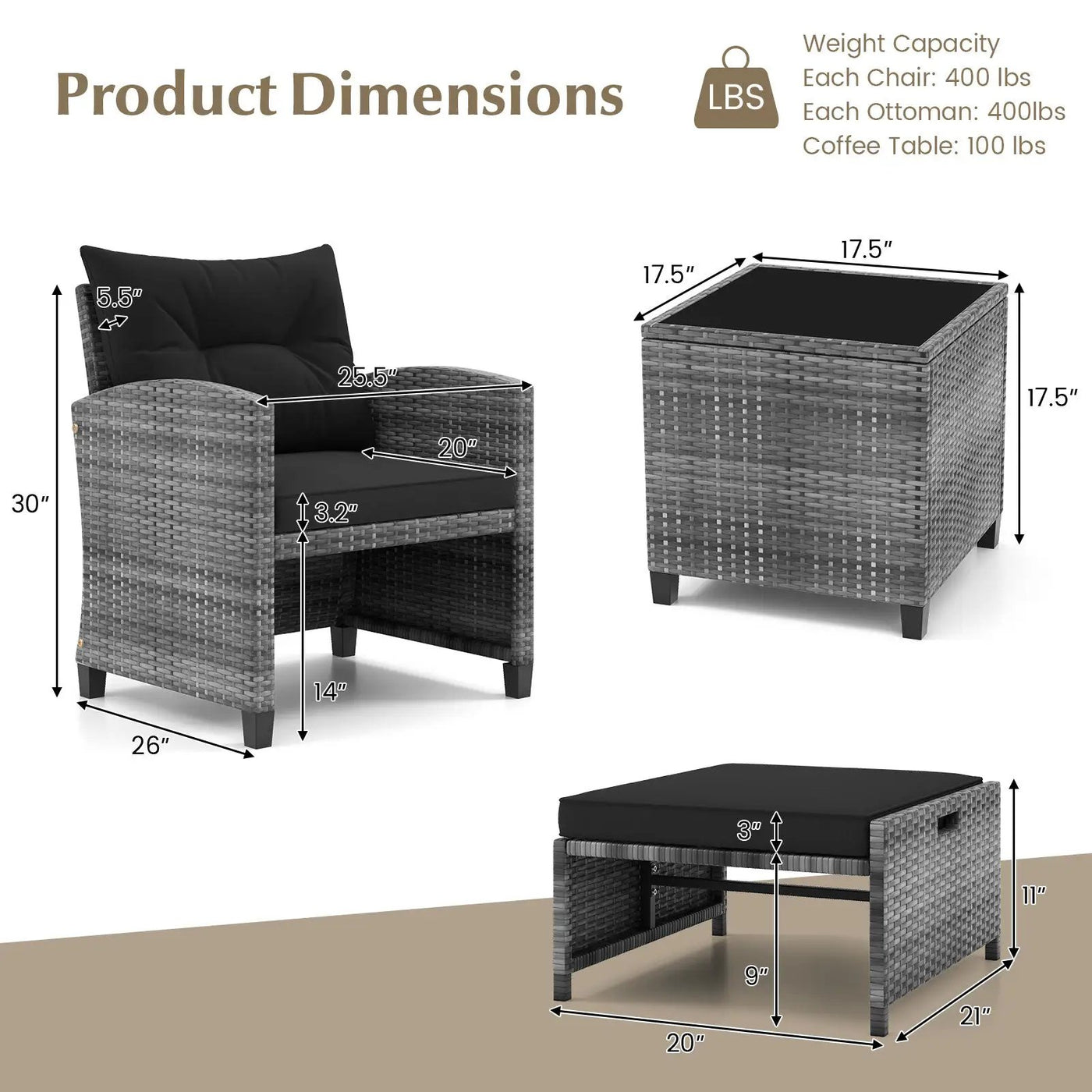 5 Piece Patio Rattan Furniture with 2 Ottomans and Tempered Glass Coffee Table by DirectDeals