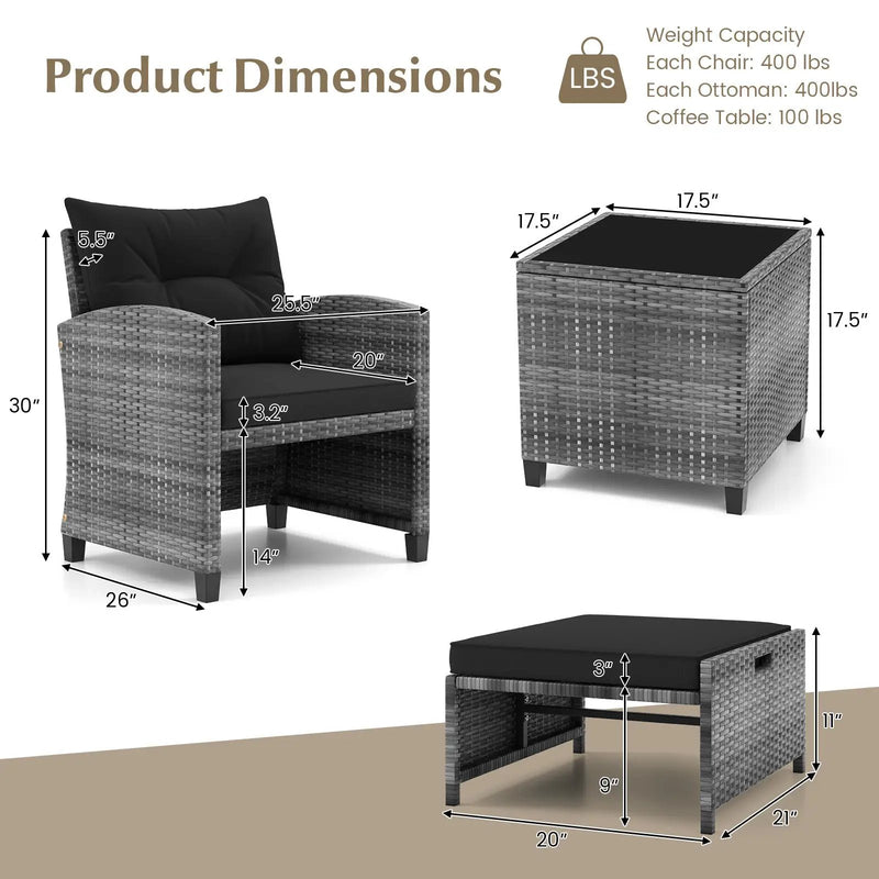5 Piece Patio Rattan Furniture with 2 Ottomans and Tempered Glass Coffee Table by DirectDeals
