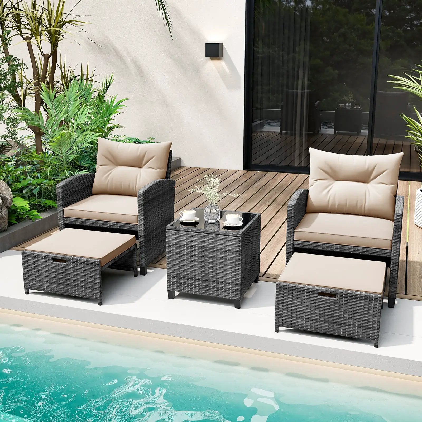 5 Piece Patio Rattan Furniture with 2 Ottomans and Tempered Glass Coffee Table by DirectDeals