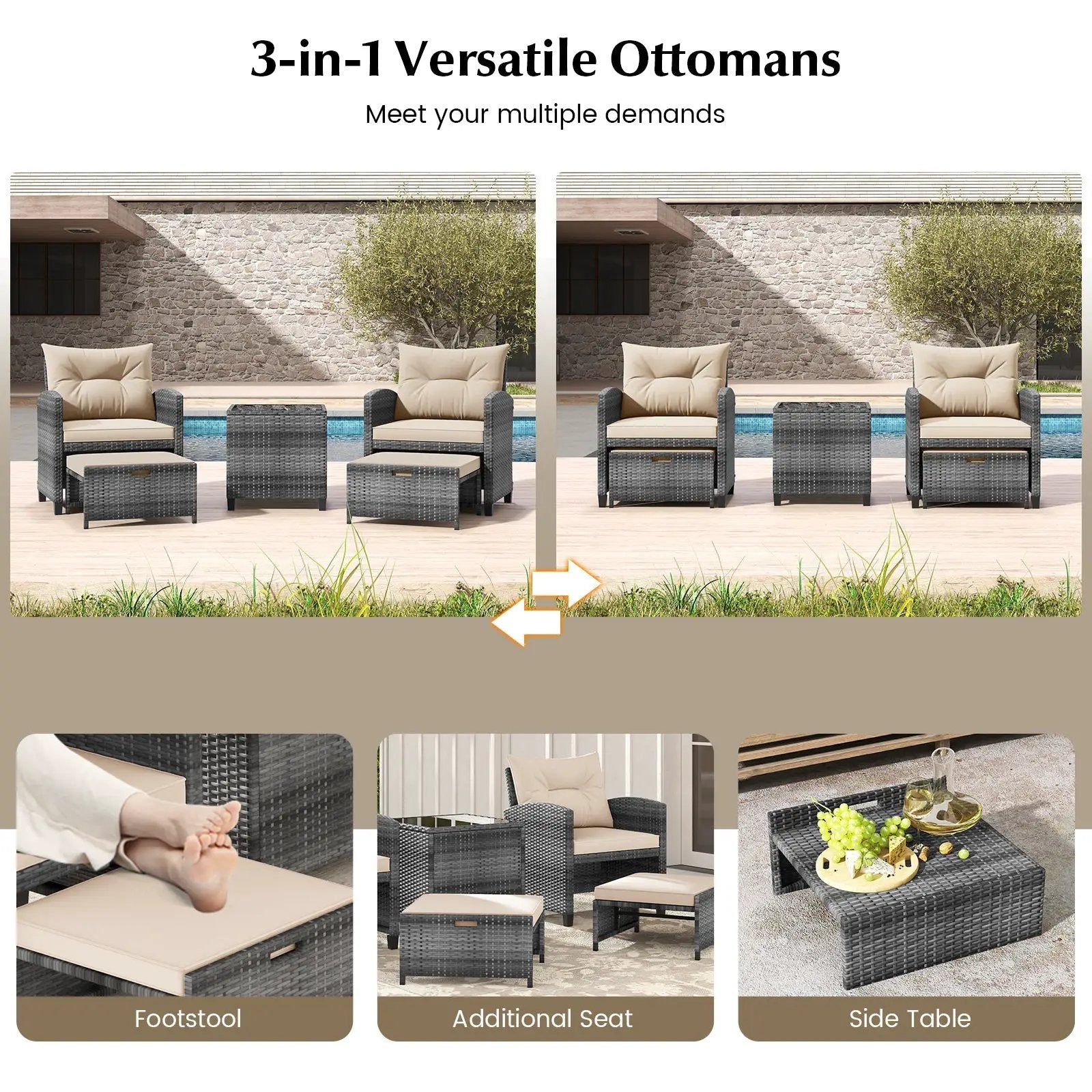 5 Piece Patio Rattan Furniture with 2 Ottomans and Tempered Glass Coffee Table by DirectDeals