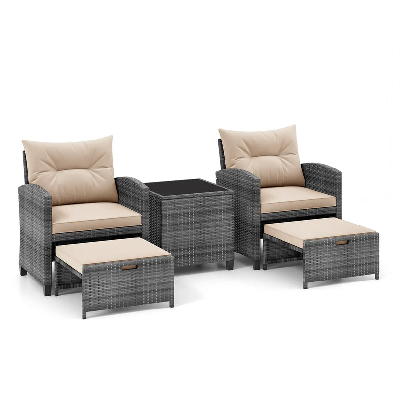 5 Piece Patio Rattan Furniture with 2 Ottomans and Tempered Glass Coffee Table by DirectDeals
