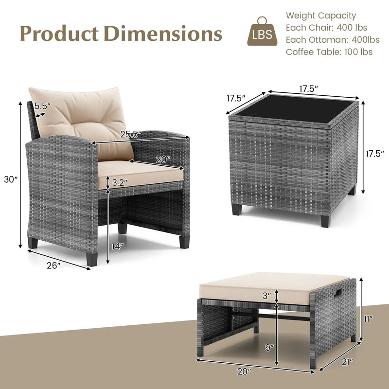 5 Piece Patio Rattan Furniture with 2 Ottomans and Tempered Glass Coffee Table by DirectDeals