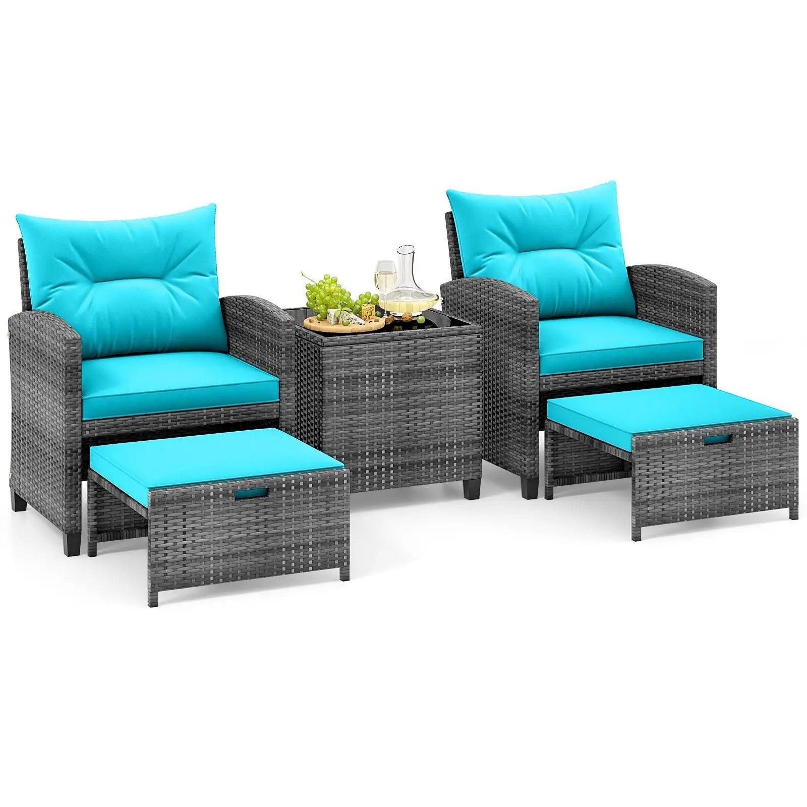 5 Piece Patio Rattan Furniture with 2 Ottomans and Tempered Glass Coffee Table by DirectDeals