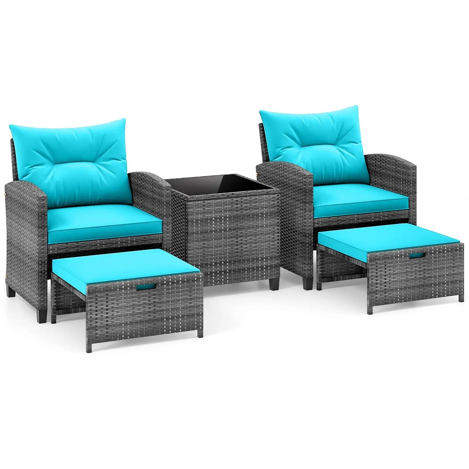 5 Piece Patio Rattan Furniture with 2 Ottomans and Tempered Glass Coffee Table by DirectDeals