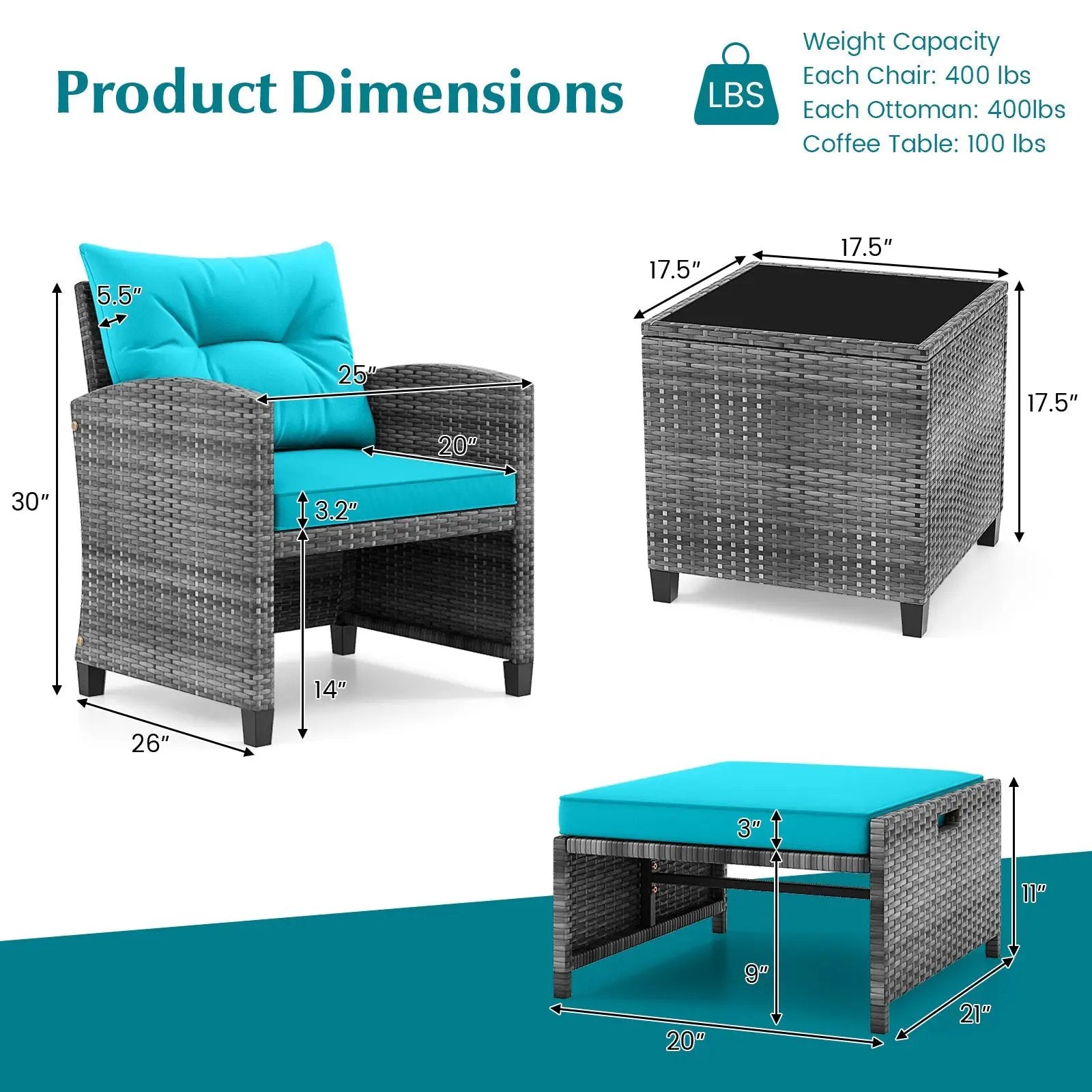 5 Piece Patio Rattan Furniture with 2 Ottomans and Tempered Glass Coffee Table by DirectDeals