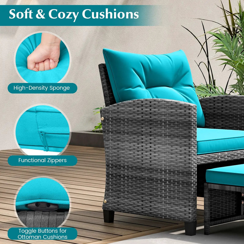 5 Piece Patio Rattan Furniture with 2 Ottomans and Tempered Glass Coffee Table by DirectDeals