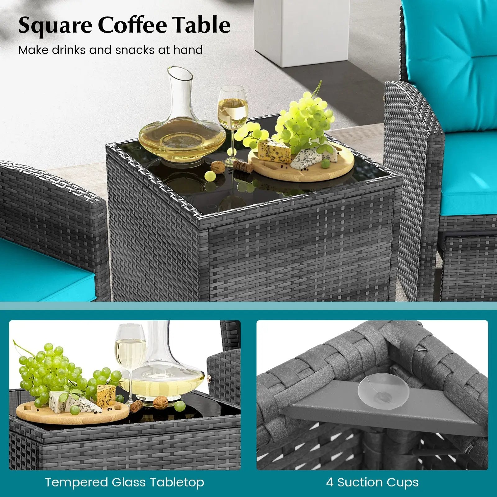 5 Piece Patio Rattan Furniture with 2 Ottomans and Tempered Glass Coffee Table by DirectDeals