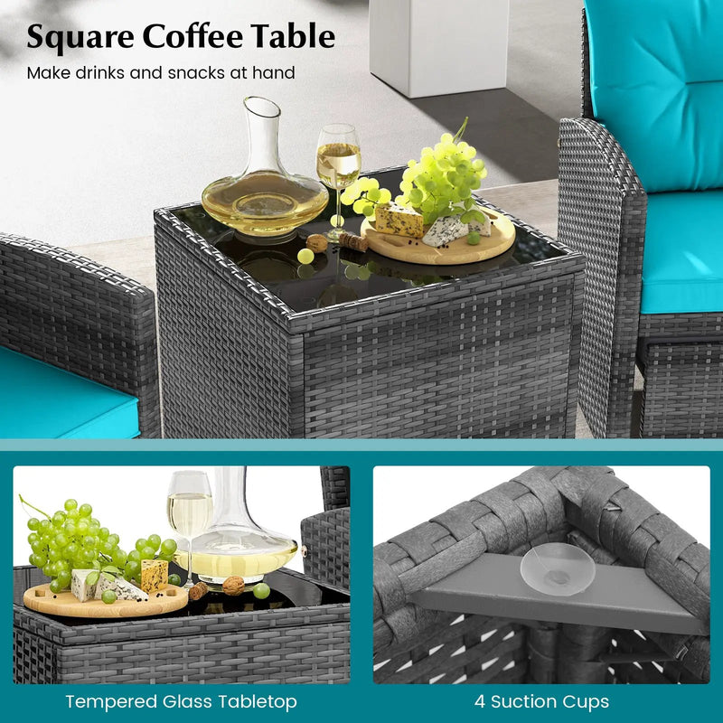 5 Piece Patio Rattan Furniture with 2 Ottomans and Tempered Glass Coffee Table by DirectDeals