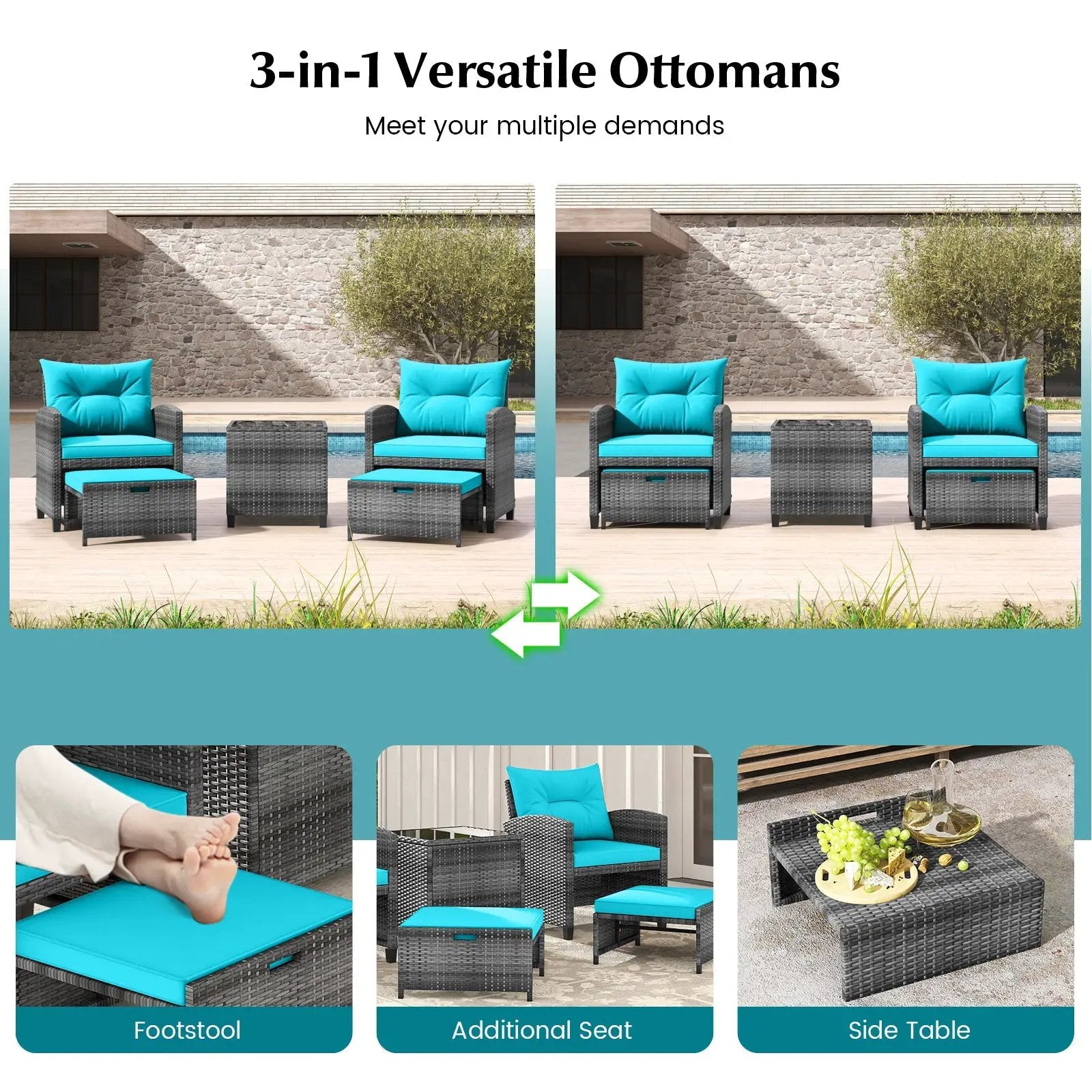 5 Piece Patio Rattan Furniture with 2 Ottomans and Tempered Glass Coffee Table by DirectDeals