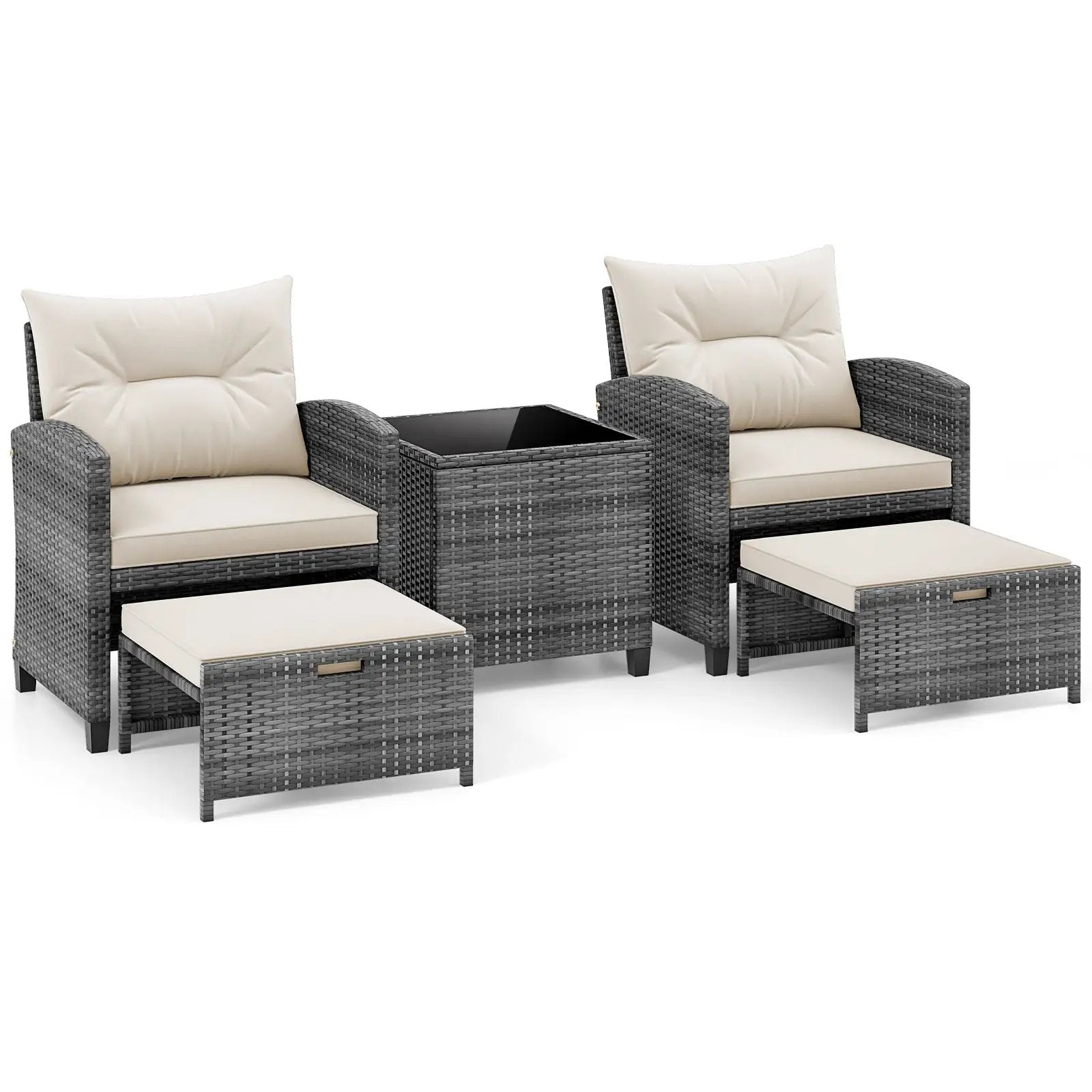 5 Piece Patio Rattan Furniture with 2 Ottomans and Tempered Glass Coffee Table by DirectDeals
