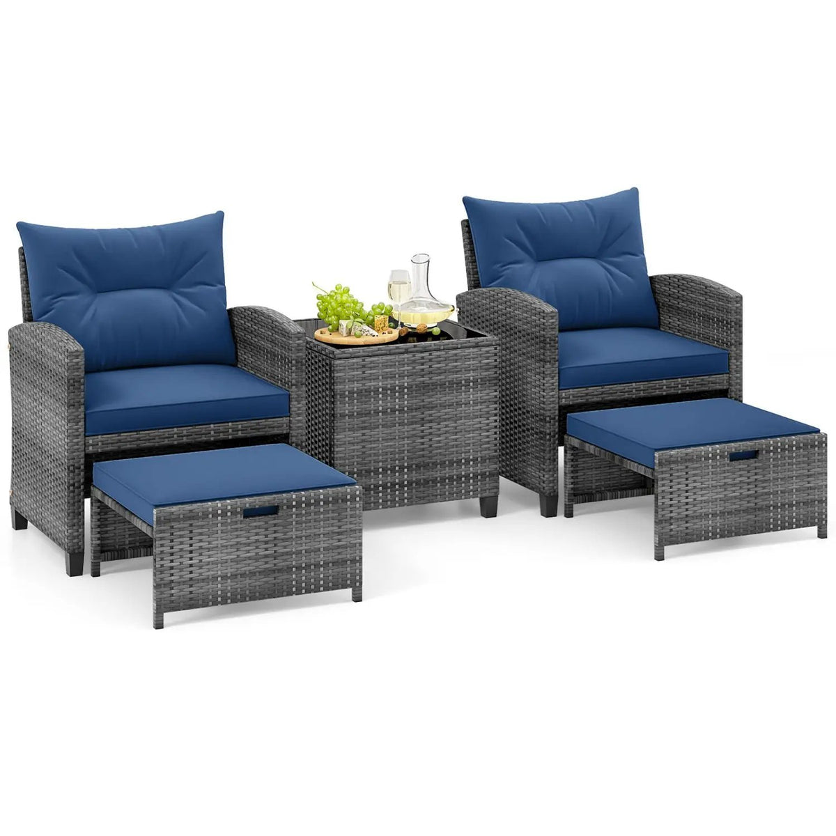 5 Piece Patio Rattan Furniture with 2 Ottomans and Tempered Glass Coffee Table by DirectDeals
