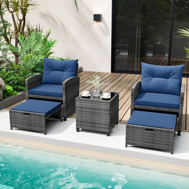 5 Piece Patio Rattan Furniture with 2 Ottomans and Tempered Glass Coffee Table by DirectDeals