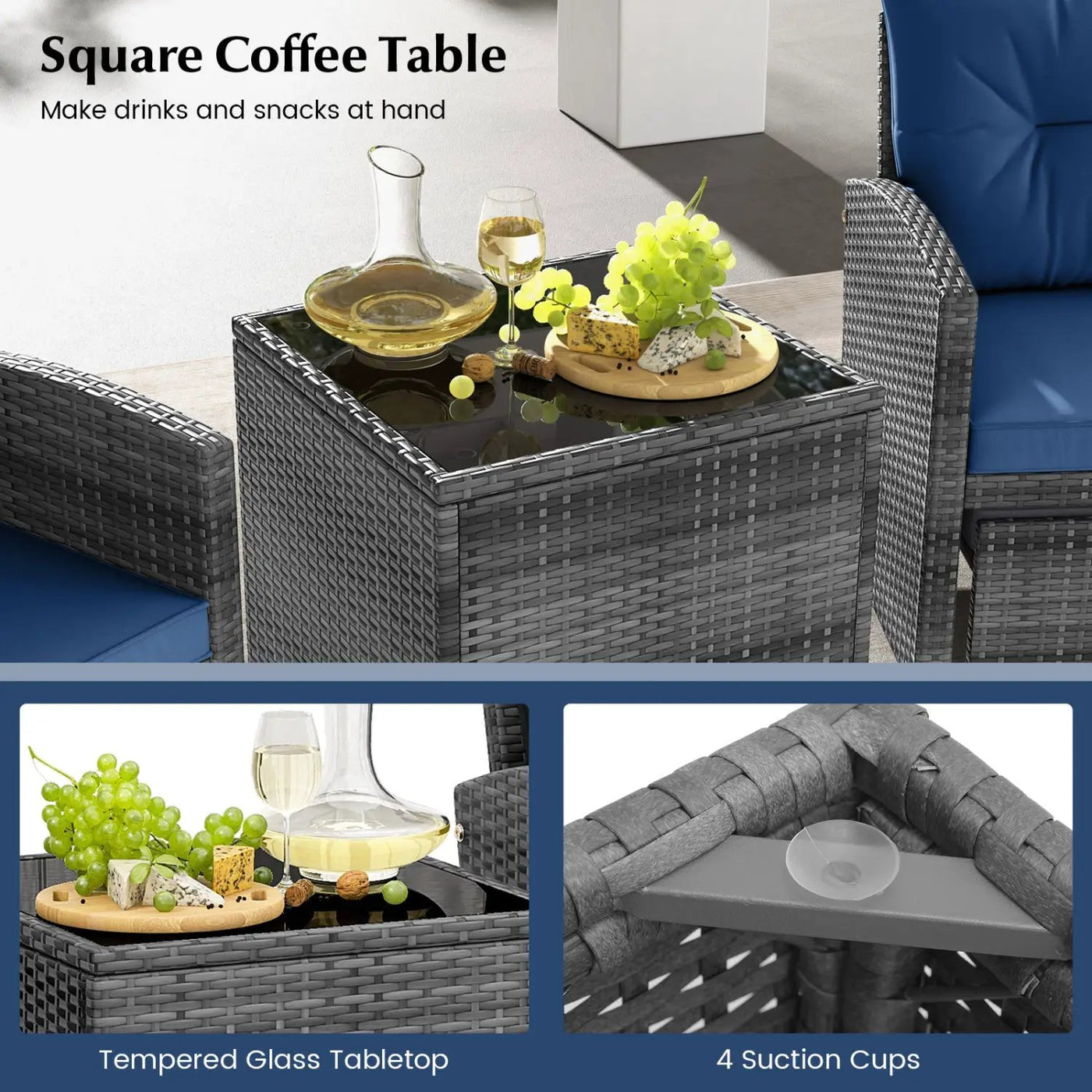 5 Piece Patio Rattan Furniture with 2 Ottomans and Tempered Glass Coffee Table by DirectDeals