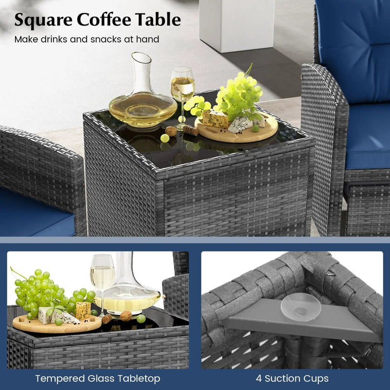5 Piece Patio Rattan Furniture with 2 Ottomans and Tempered Glass Coffee Table by DirectDeals