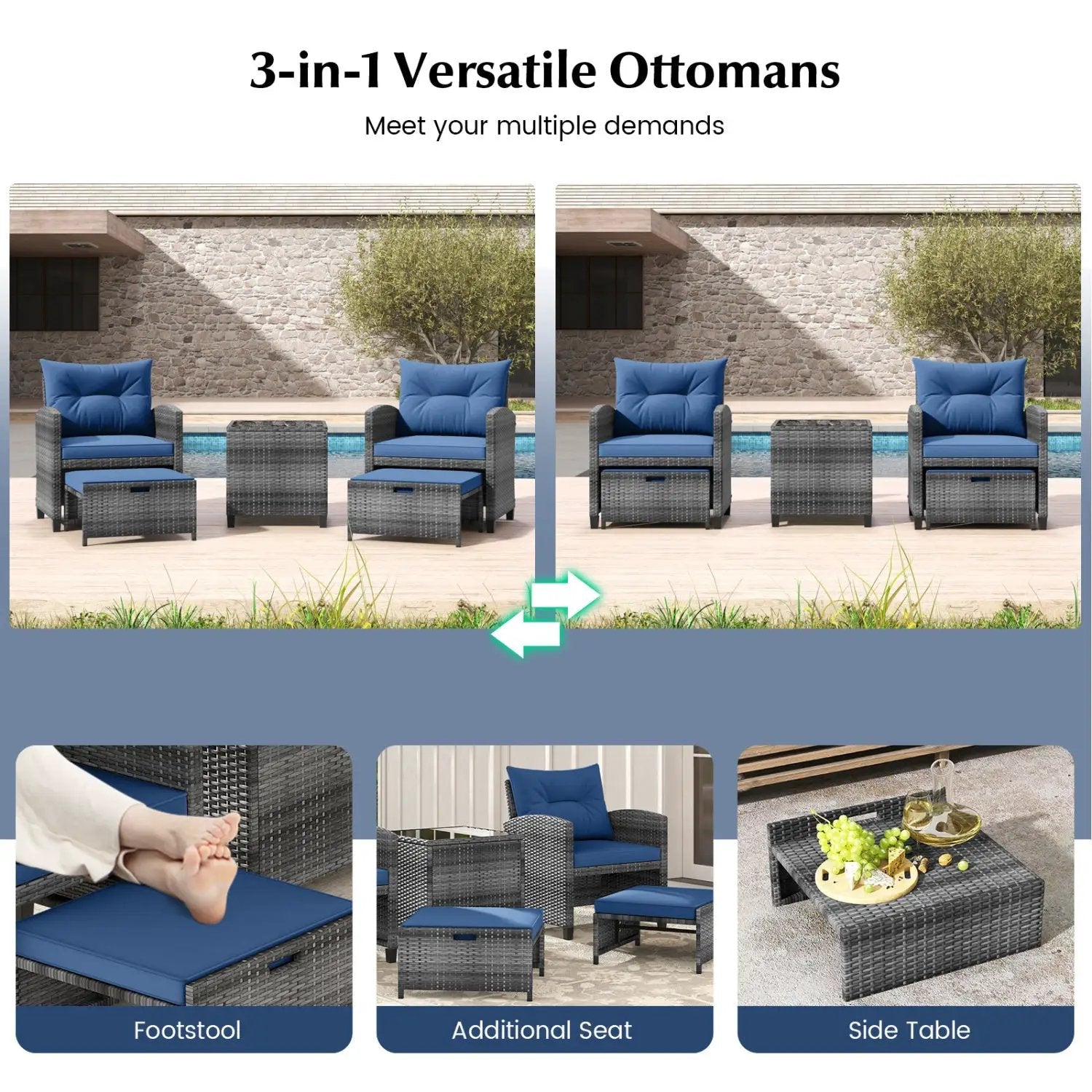 5 Piece Patio Rattan Furniture with 2 Ottomans and Tempered Glass Coffee Table by DirectDeals