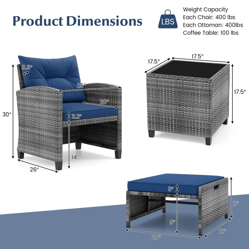 5 Piece Patio Rattan Furniture with 2 Ottomans and Tempered Glass Coffee Table by DirectDeals