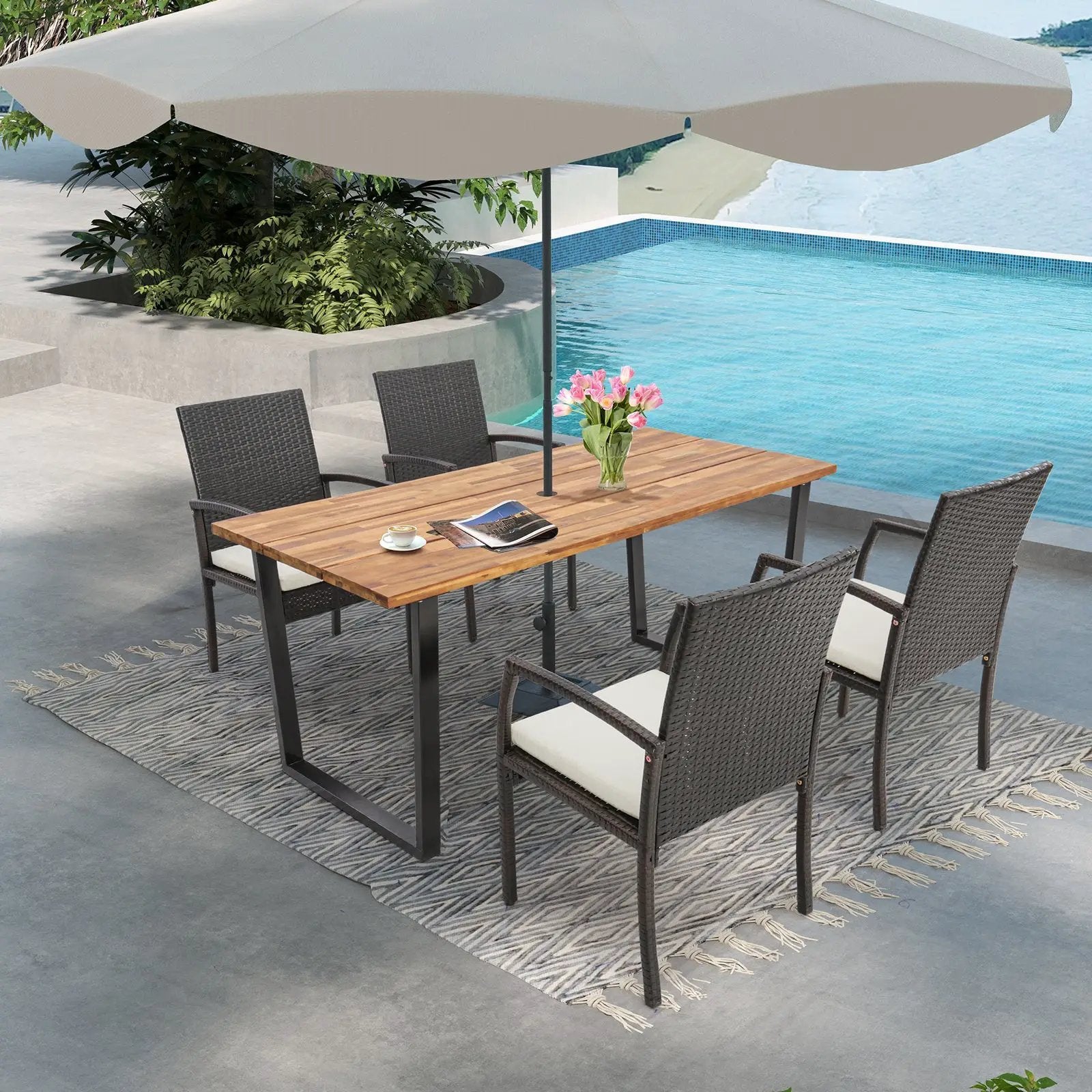5 Pieces Patio Rattan Dining Set with Umbrella Hole and Seat Cushions by DirectDeals