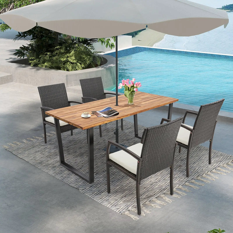 5 Pieces Patio Rattan Dining Set with Umbrella Hole and Seat Cushions by DirectDeals