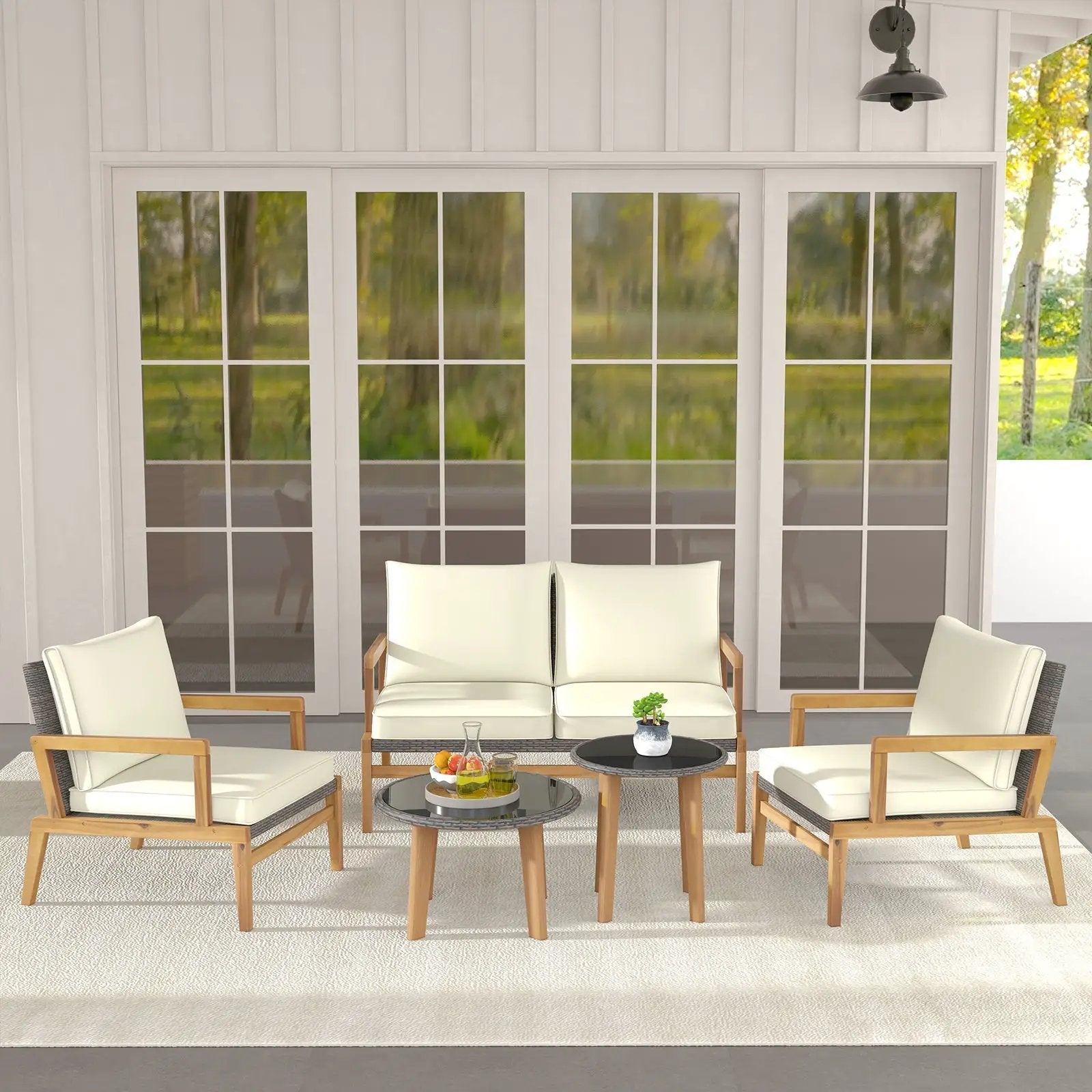 5 Piece Rattan Furniture Set Wicker Woven Sofa Set with 2 Tempered Glass Coffee Tables-Off White by DirectDeals