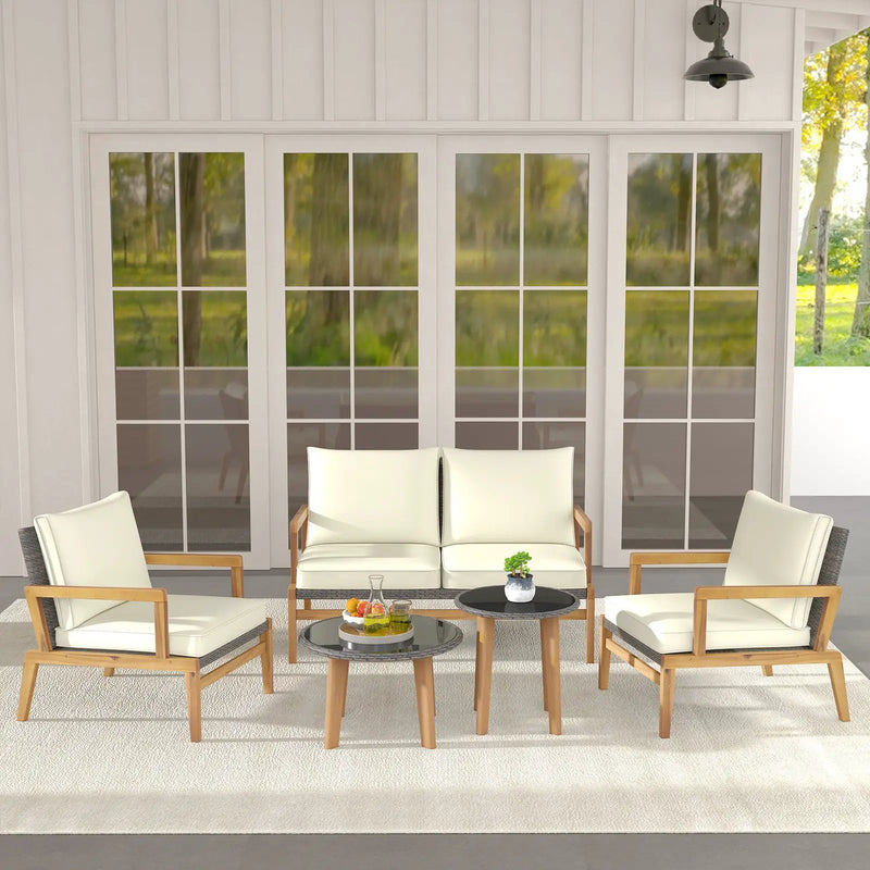 5 Piece Rattan Furniture Set Wicker Woven Sofa Set with 2 Tempered Glass Coffee Tables-Off White by DirectDeals