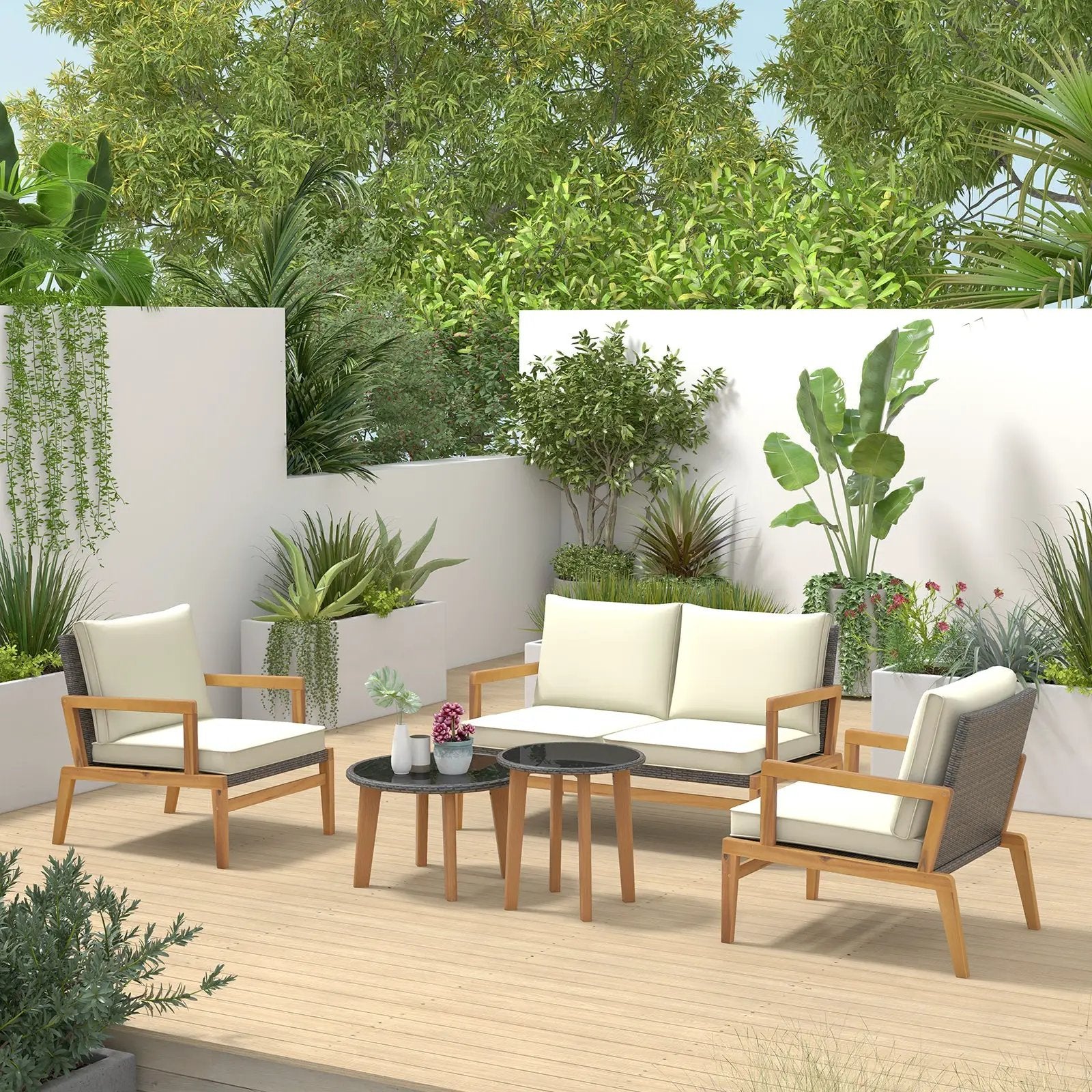 5 Piece Rattan Furniture Set Wicker Woven Sofa Set with 2 Tempered Glass Coffee Tables-Off White by DirectDeals