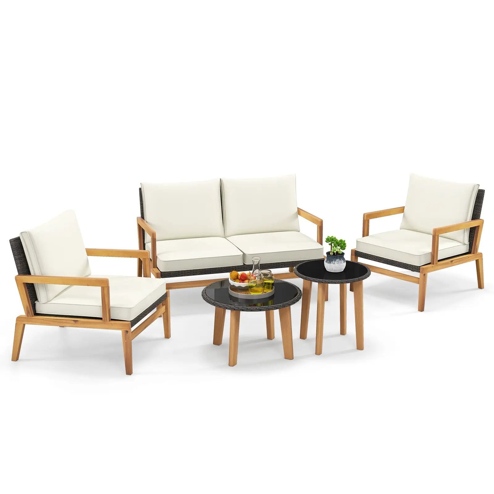 5 Piece Rattan Furniture Set Wicker Woven Sofa Set with 2 Tempered Glass Coffee Tables-Off White by DirectDeals