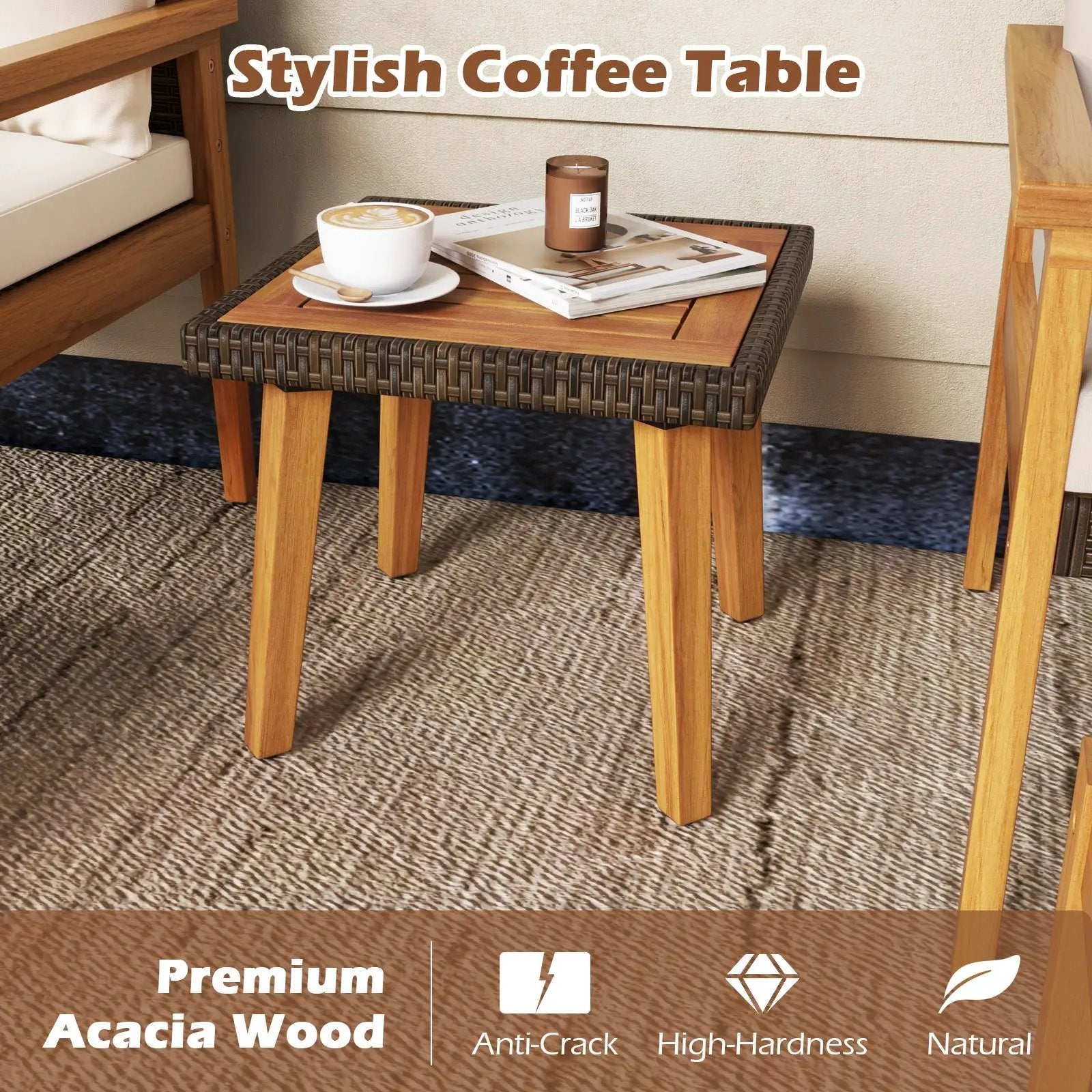 5 Piece Rattan Furniture Set with Square Coffee Table-White by DirectDeals