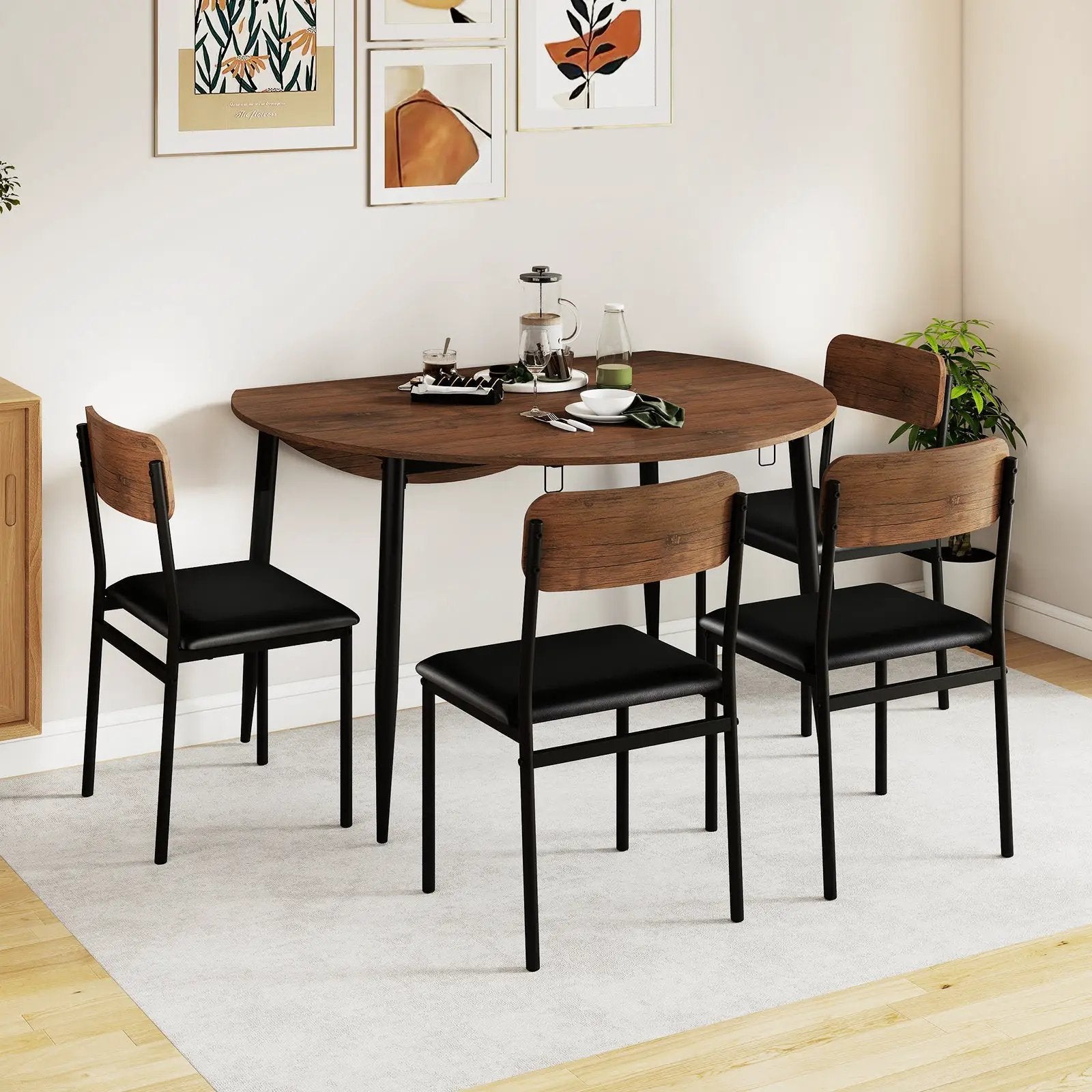5-Piece Round Kitchen Table Set with Drop Leaf Tabletop and 4 Upholstered Dining Chairs-Brown by DirectDeals