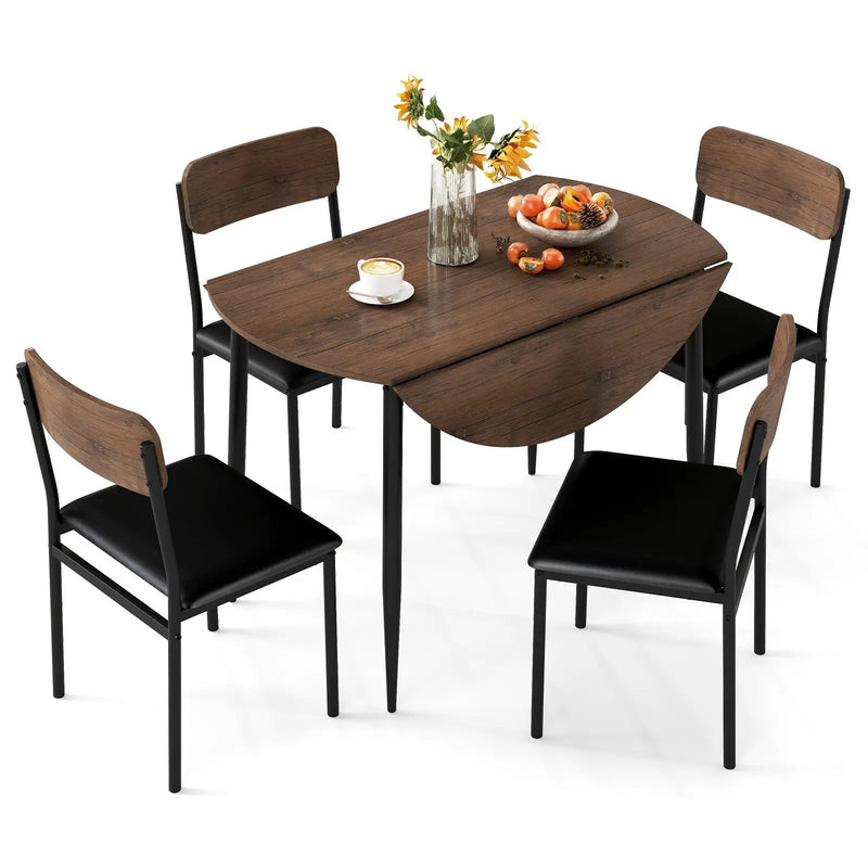 5-Piece Round Kitchen Table Set with Drop Leaf Tabletop and 4 Upholstered Dining Chairs-Brown by DirectDeals